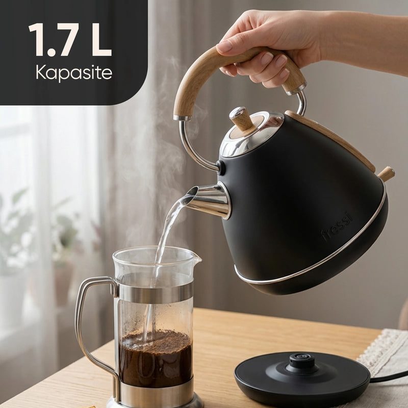 FR-KT07 Retro Mavera 1,7 Litre Ahşap Kulp Detaylı Kettle Su Isıtıcısı - Siyah