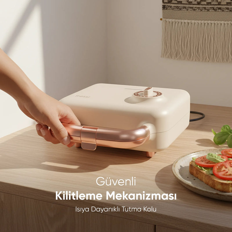 FR-TM51 Triochef Çıkarılabilir Yapışmaz Plakalı Ikili Waffle Ve Tost Makinesi - Krem