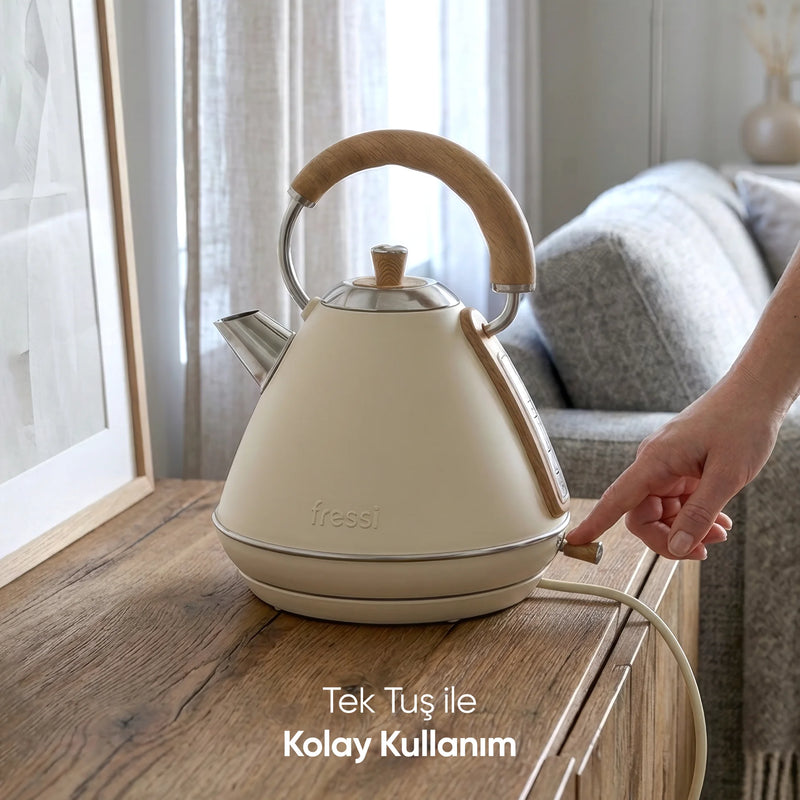FR-KT07 Retro Mavera 1,7 Litre Ahşap Kulp Detaylı Kettle Su Isıtıcısı - Krem