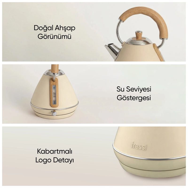 FR-KT07 Retro Mavera 1,7 Litre Ahşap Kulp Detaylı Kettle Su Isıtıcısı - Krem