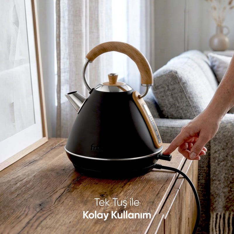 FR-KT07 Retro Mavera 1,7 Litre Ahşap Kulp Detaylı Kettle Su Isıtıcısı - Siyah