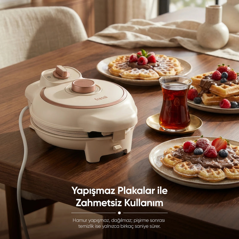 FR-TM59 Multibello Tost Ve Waffle Makinesi Çıkarabilir Yapışmaz Plakalı 4 Ayrı Plaka - Krem