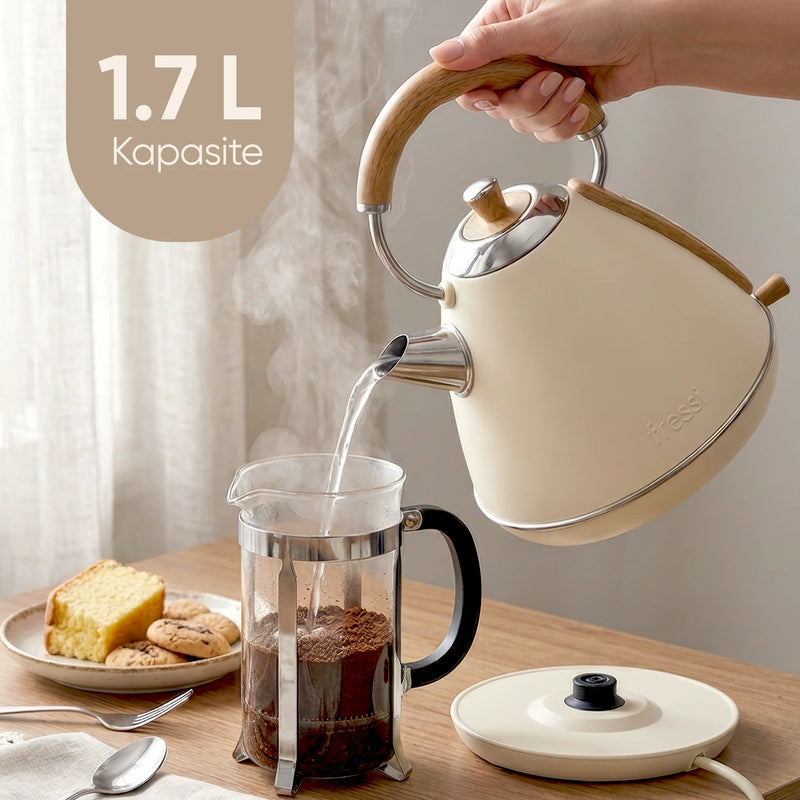 FR-KT07 Retro Mavera 1,7 Litre Ahşap Kulp Detaylı Kettle Su Isıtıcısı - Krem