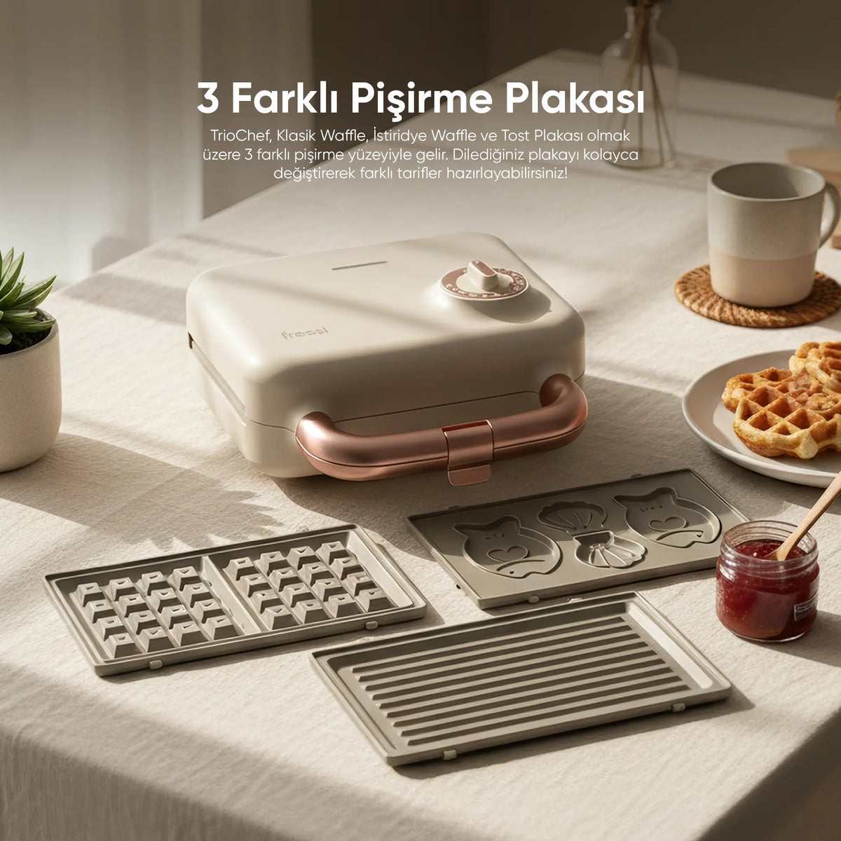 FR-TM51 Triochef Çıkarılabilir Yapışmaz Plakalı Ikili Waffle Ve Tost Makinesi - Krem