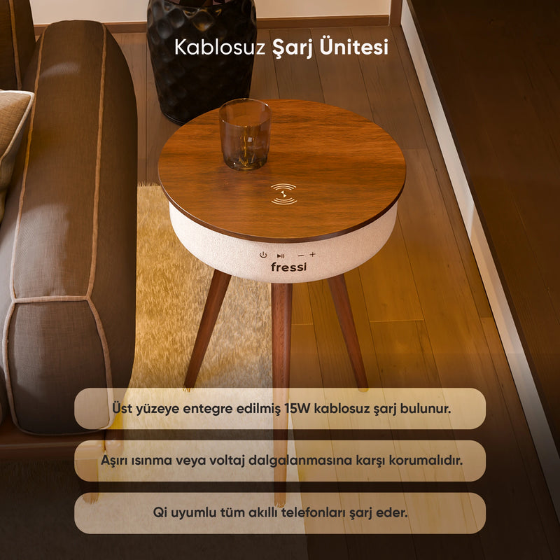 FR-SH2502 Nature Bluetooth Hoparlör Hızlı Şarj Destekli Ahşap Ayaklı Kablolu Sehpa Speaker