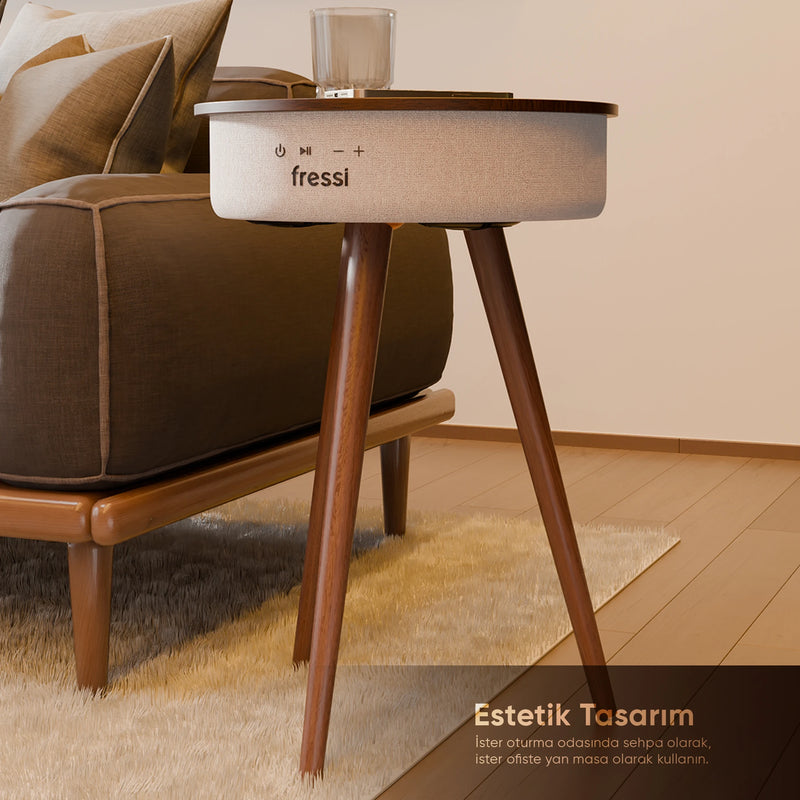 FR-SH2502 Nature Bluetooth Hoparlör Hızlı Şarj Destekli Ahşap Ayaklı Kablolu Sehpa Speaker