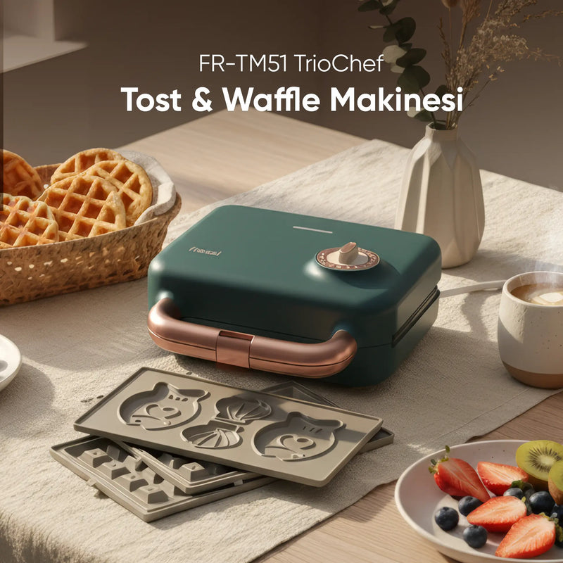 FR-TM51 Triochef Çıkarılabilir Yapışmaz Plakalı Ikili Waffle Ve Tost Makinesi - Yeşil