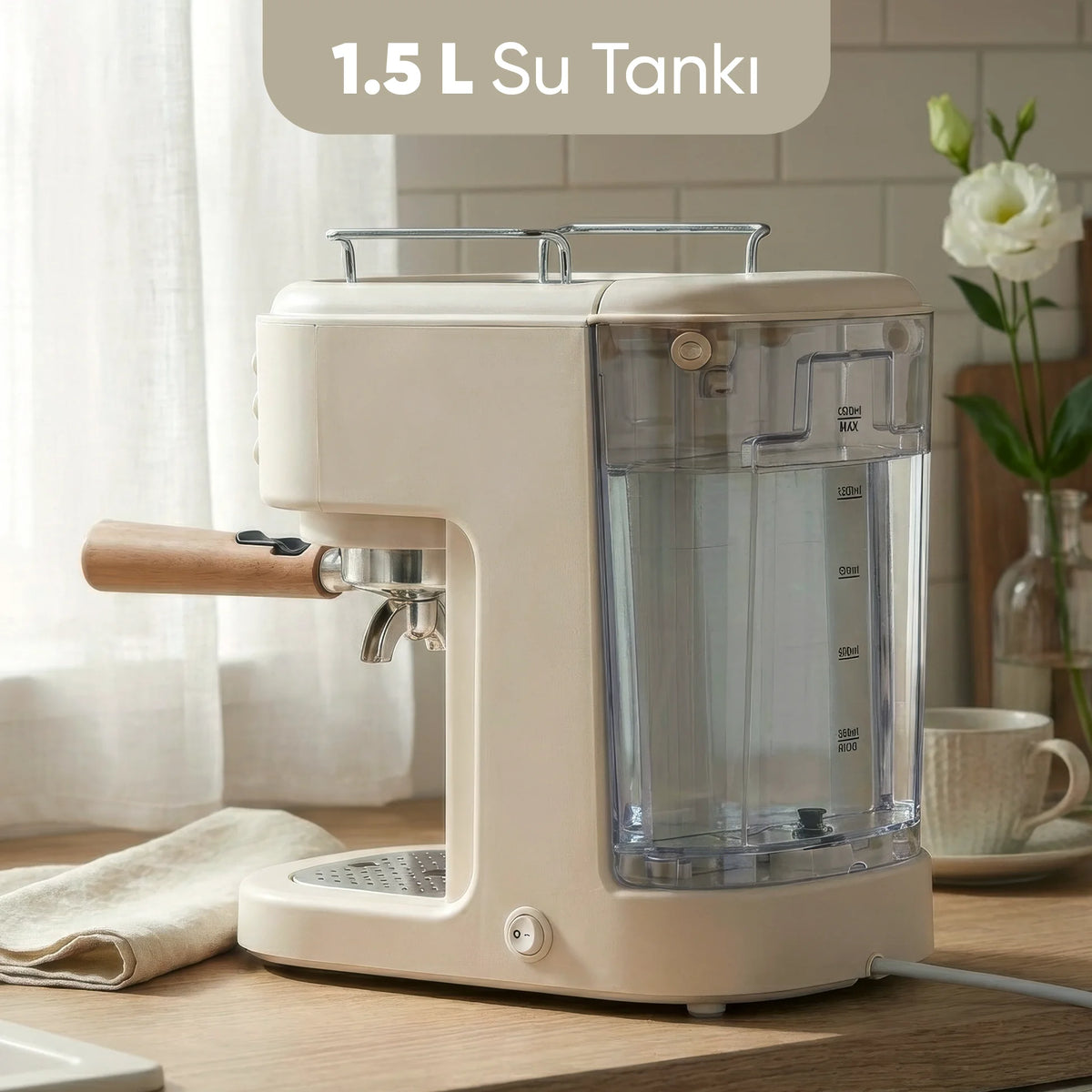 EM-411 Retro Mavera Ahşap Detaylı 20 Bar Krem Espresso Makinesi