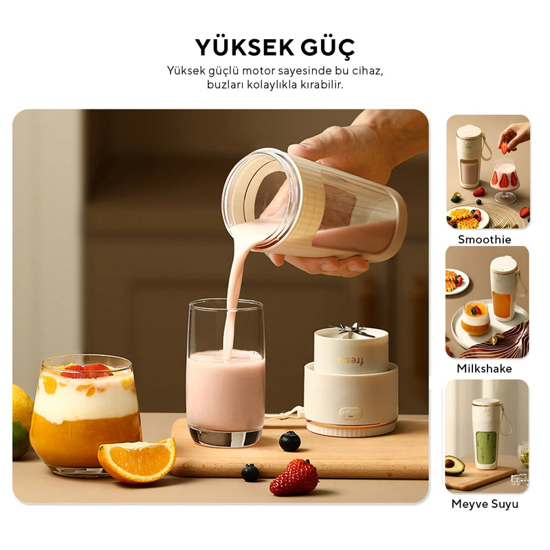 FR-BL0318 Taşınabilir Şarjlı 80 W 350ml Öğütücü Fonksiyonlu Krem Kişisel Smoothie Blender