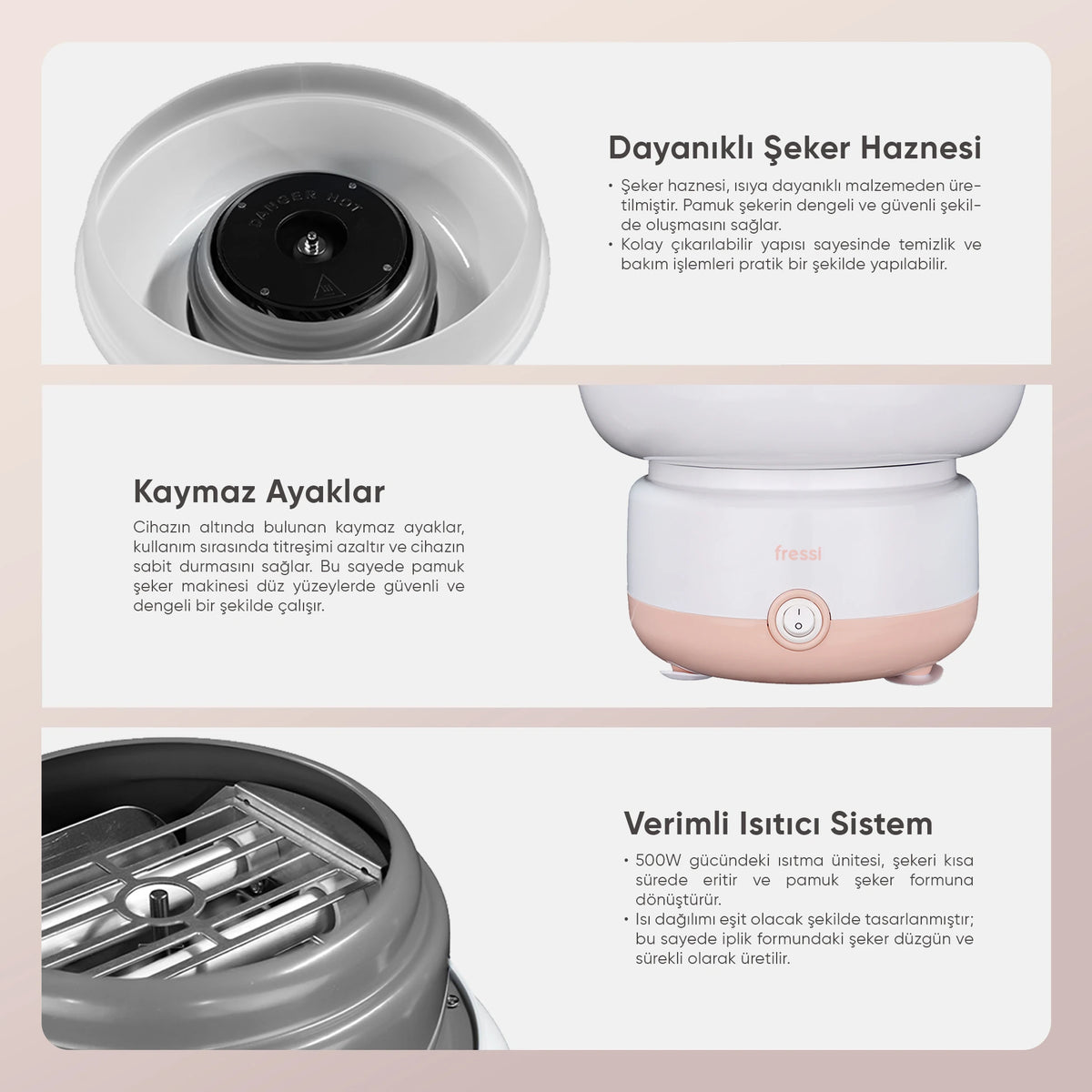 FR-PM01 CottoFun Çelik Hazneli 500W Pamuk Şeker Makinesi - Pembe