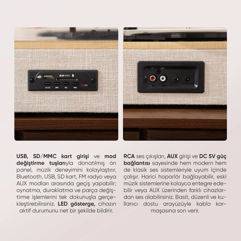 FR-P1990 Velura Dahili Hoparlörlü Pikap Müzik Kutusu Usb+Rca+Bluetooth