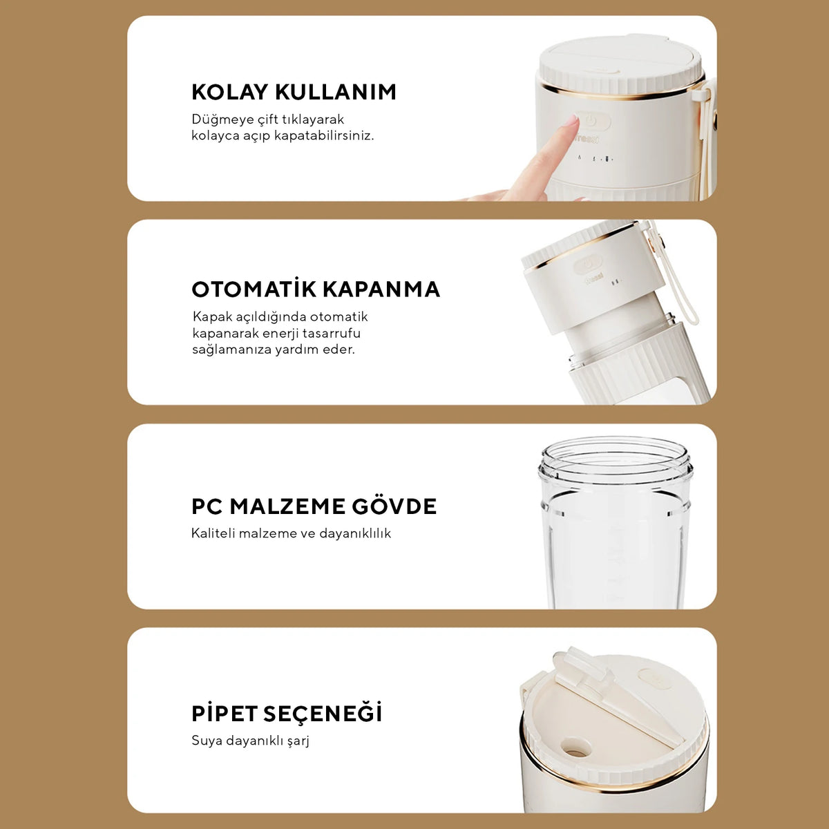 FR-BL0318 Taşınabilir Şarjlı 80 W 350ml Öğütücü Fonksiyonlu Krem Kişisel Smoothie Blender