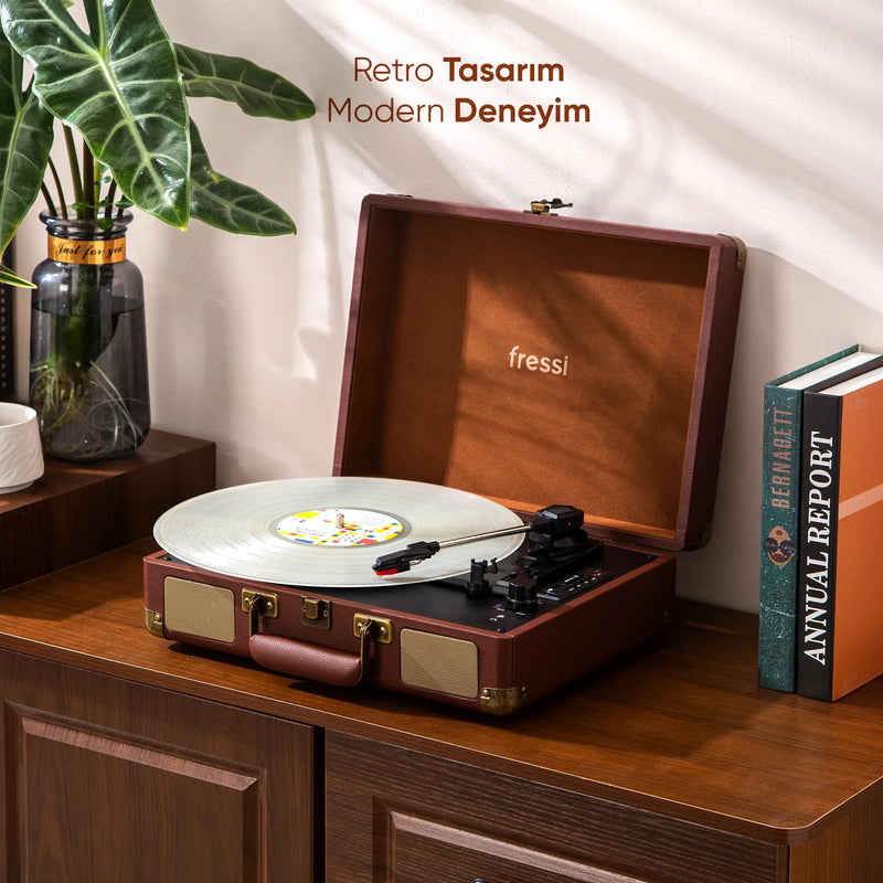 FR-P101 Zenitte Dahili Hoparlörlü Pikap Müzik Kutusu Usb+Rca+Bluetooth - Krem