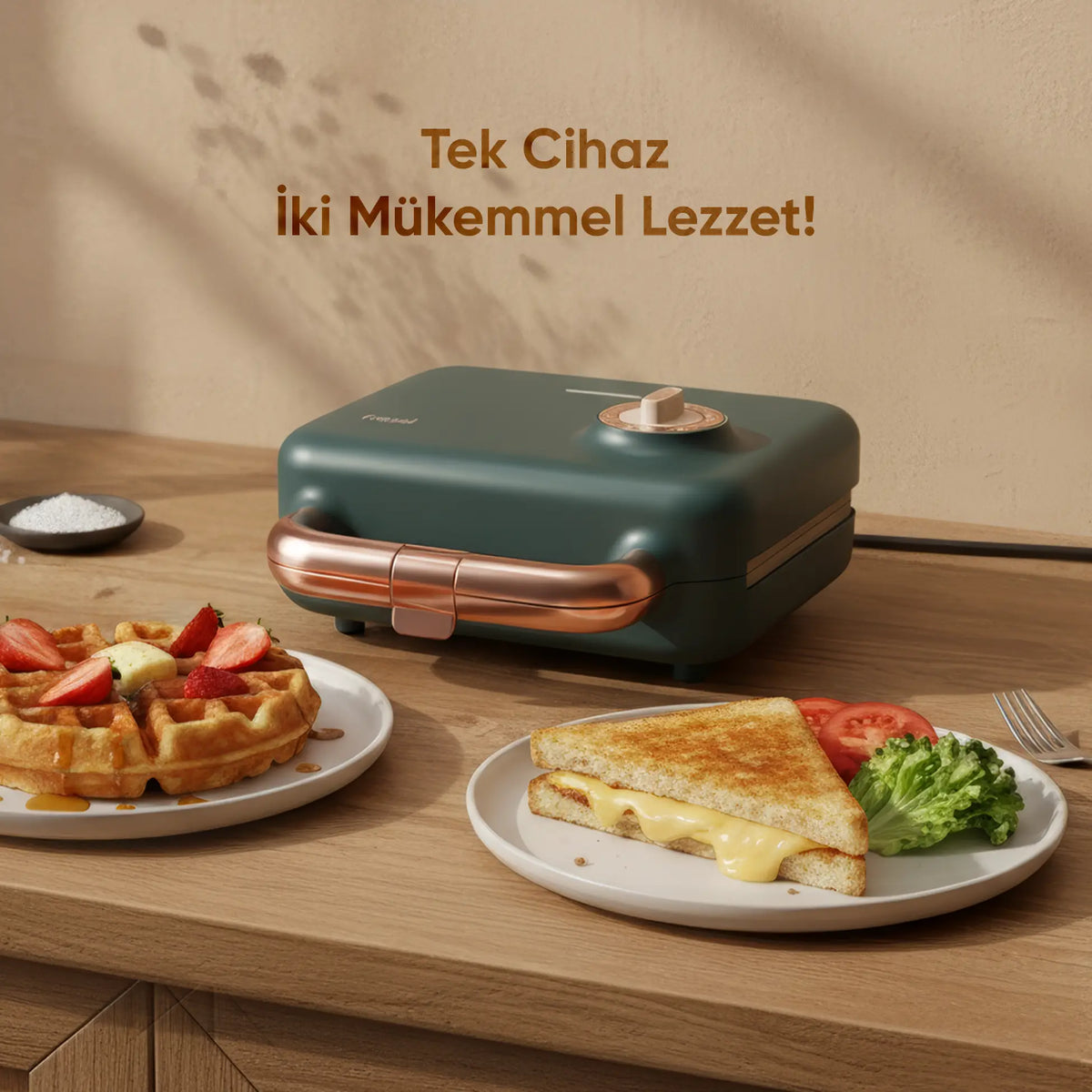 FR-TM51 Triochef Çıkarılabilir Yapışmaz Plakalı Ikili Waffle Ve Tost Makinesi - Yeşil