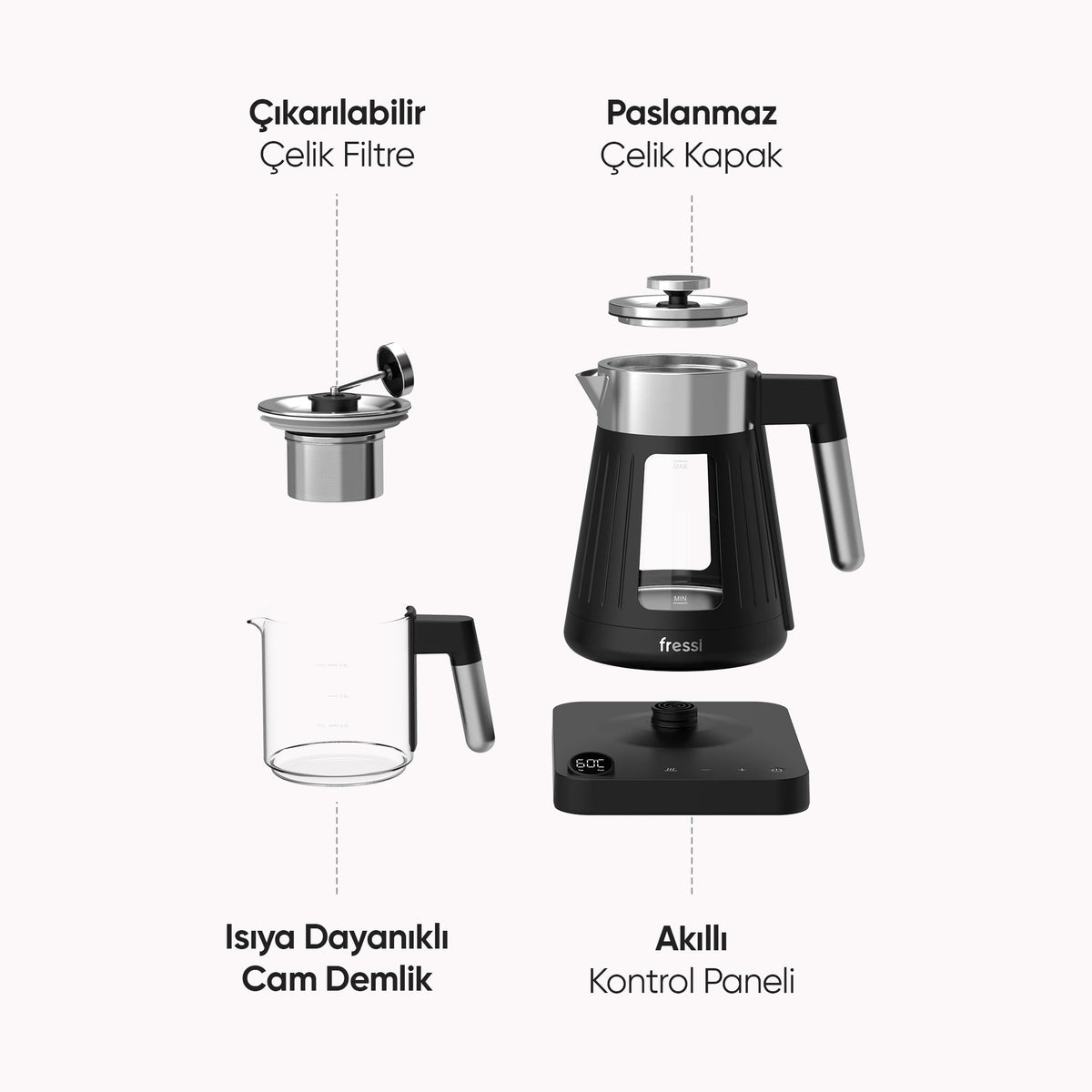 FR-CM17 Theora Dijital Standlı Cam Krem Çay Makinesi - Siyah
