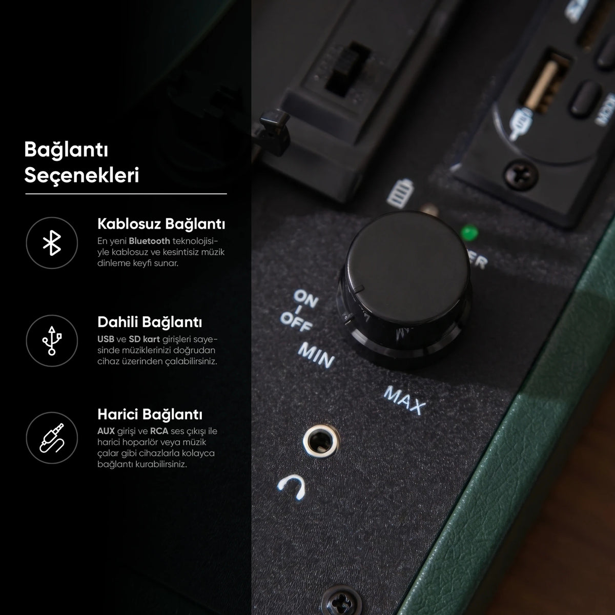 FR-P101 Zenitte Dahili Hoparlörlü Pikap Müzik Kutusu Usb+Rca+Bluetooth - Yeşil