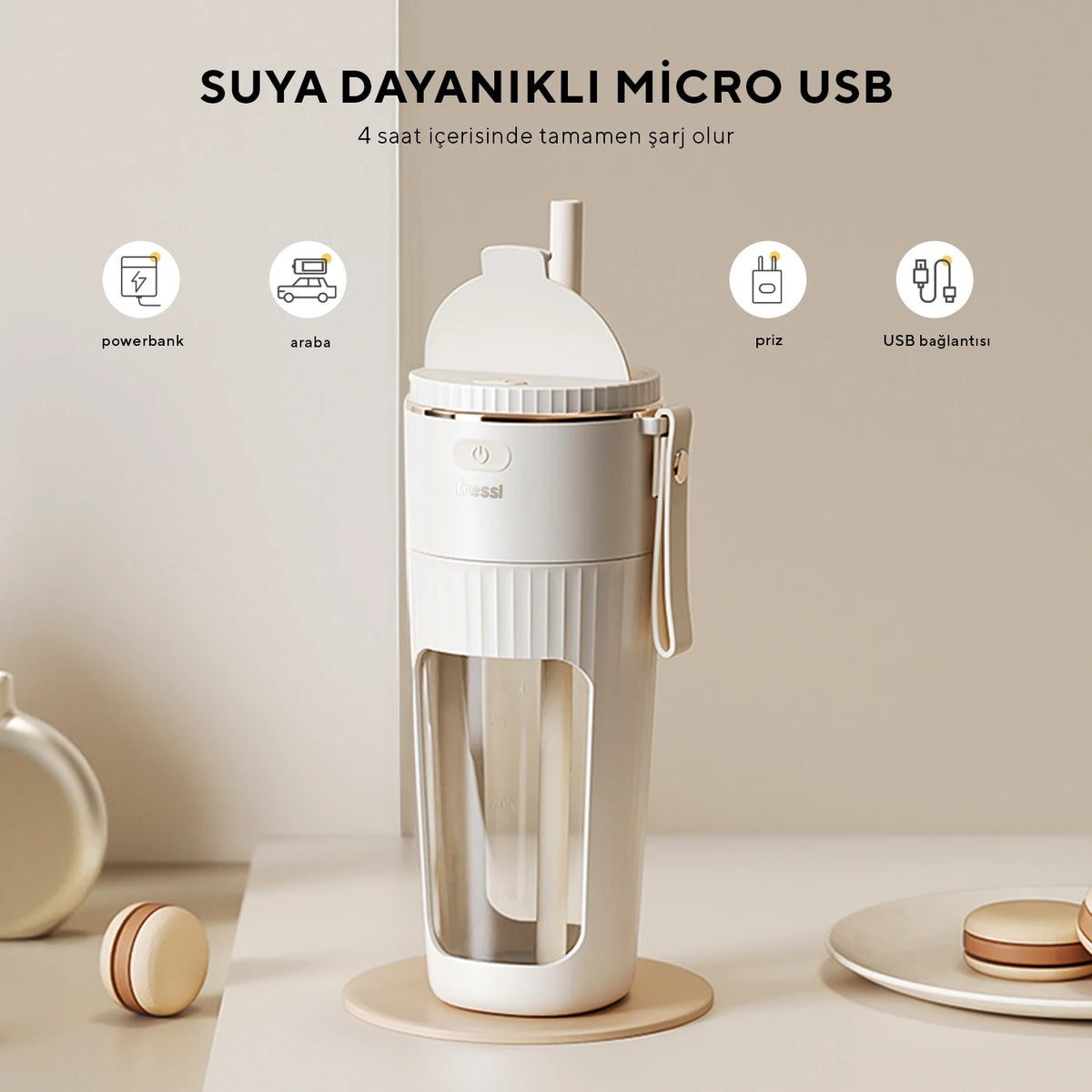 FR-BL0318 Taşınabilir Şarjlı 80 W 350ml Öğütücü Fonksiyonlu Krem Kişisel Smoothie Blender