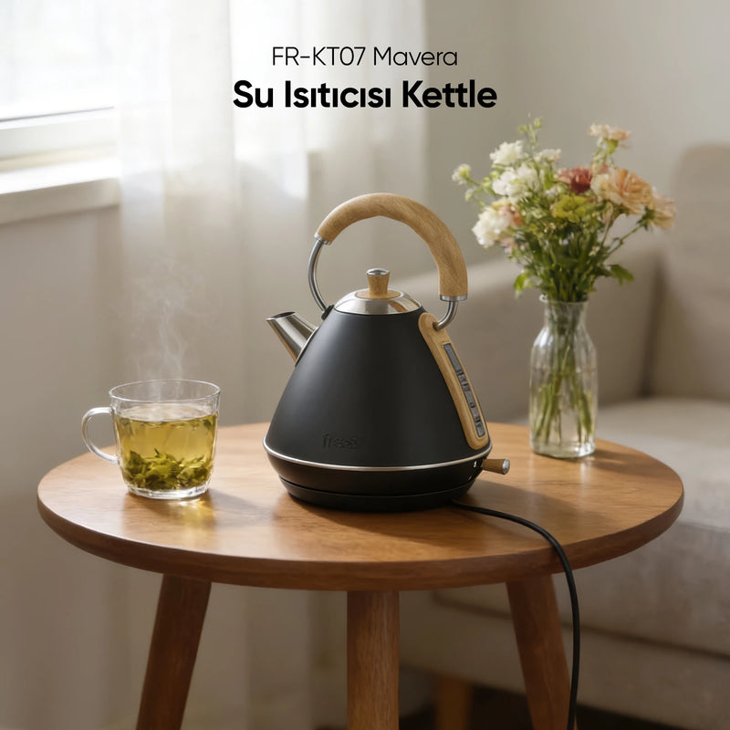 FR-KT07 Retro Mavera 1,7 Litre Ahşap Kulp Detaylı Kettle Su Isıtıcısı - Siyah