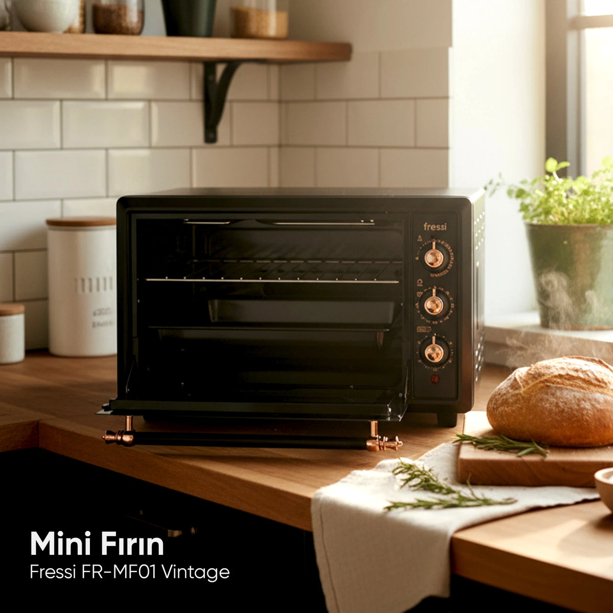 FR-MF01 Vintage Retro Turbo, Lambalı, Termostatlı, Saatli Midi Fırın