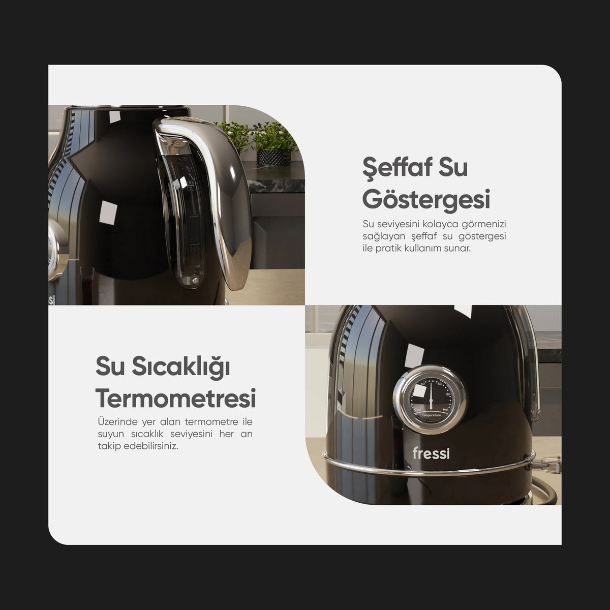 FR-KT05 Vintheat 1,7L Isı Göstergeli Kettle Su Isıtıcısı - Siyah