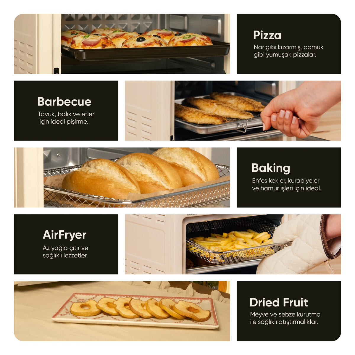 AF-01 Çok Fonksiyonlu Süre Ayarlamalı 13 Litre Xxxl Sıcak Hava Fritözü Akıllı Kore Fırını Airfryer - Krem
