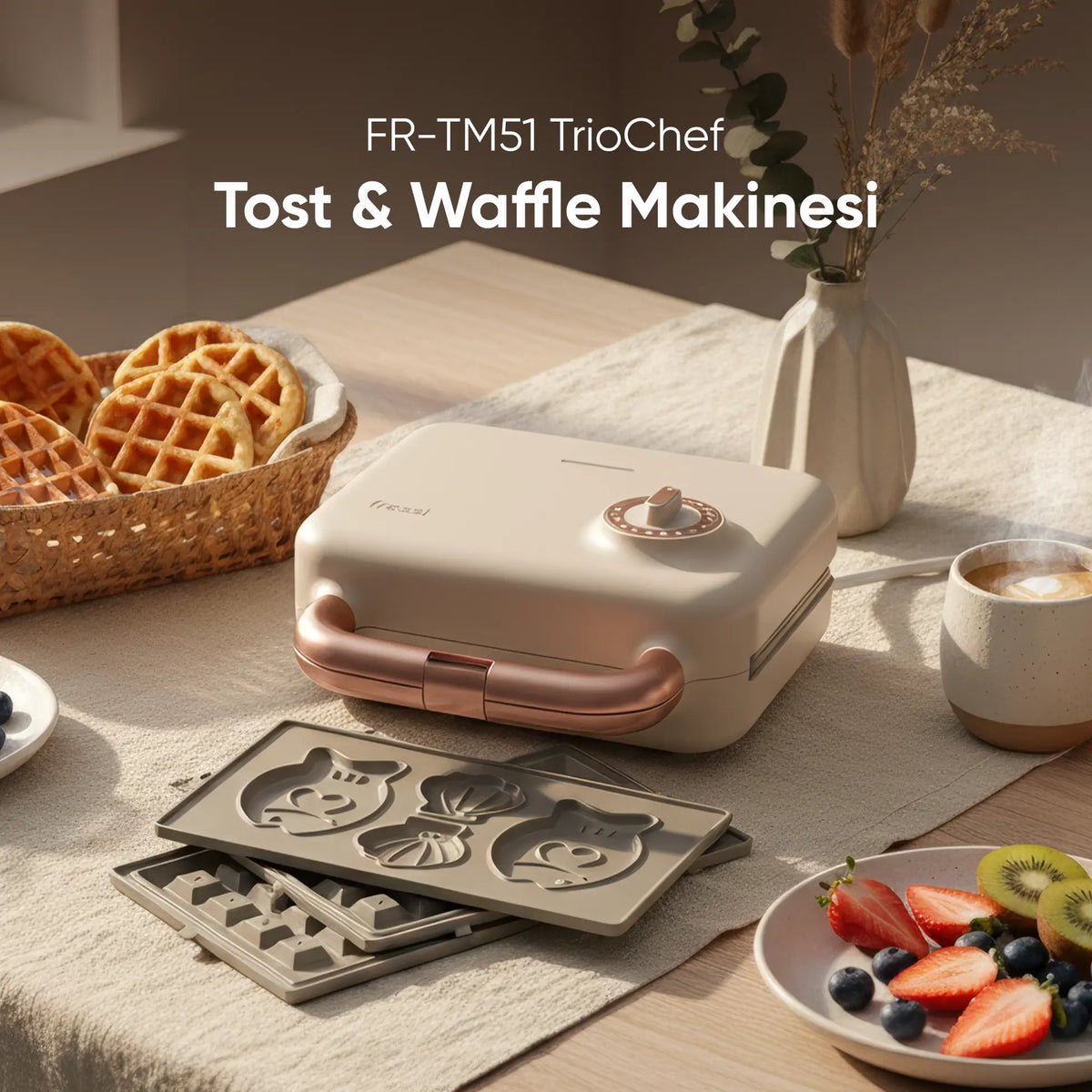 FR-TM51 Triochef Çıkarılabilir Yapışmaz Plakalı Ikili Waffle Ve Tost Makinesi - Krem