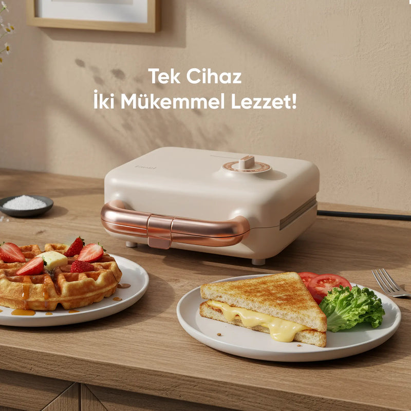 FR-TM51 Triochef Çıkarılabilir Yapışmaz Plakalı Ikili Waffle Ve Tost Makinesi - Krem