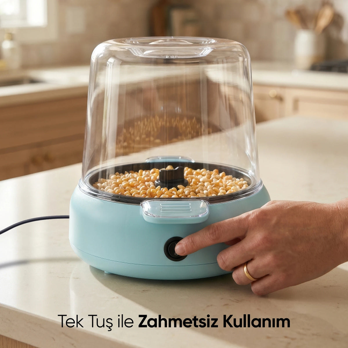 FR-PC06 PopFun Mısır Patlatma Makinesi Otomatik Karıştırma Kapak&Kase 500W Mavi