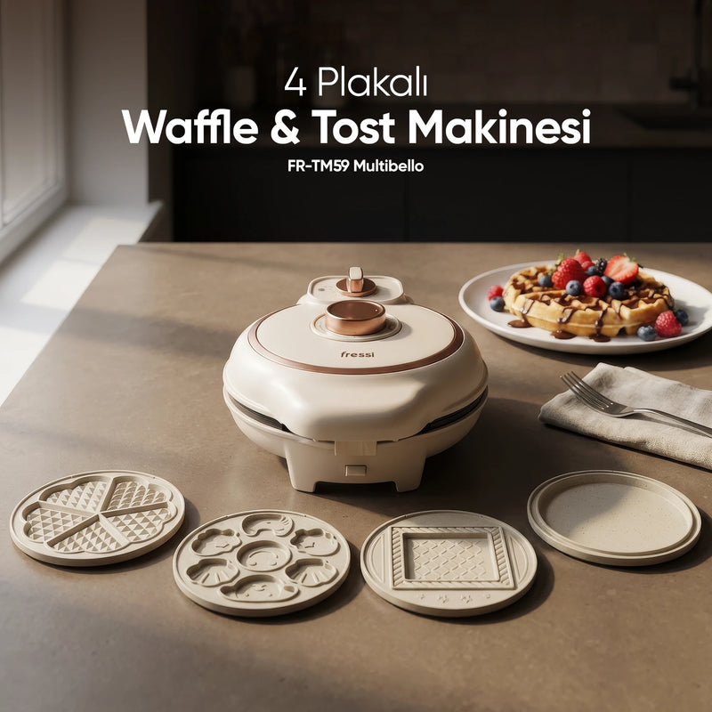 FR-TM59 Multibello  Tost Ve Waffle Makinesi Çıkarabilir Yapışmaz Plakalı 4 Ayrı Plaka - Krem