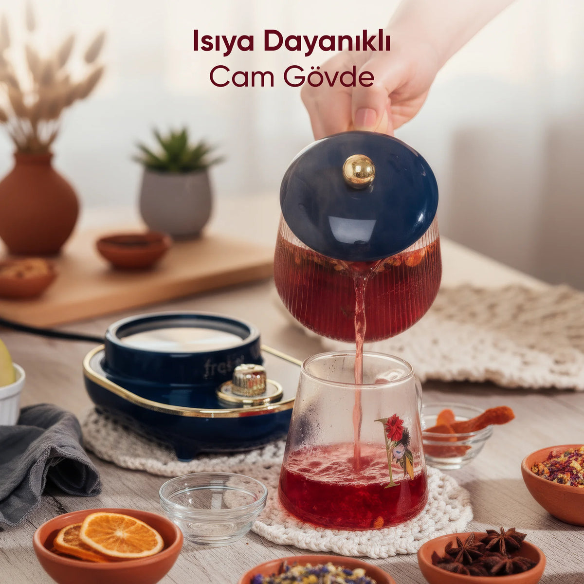 YSB-GC03 Venice 600ml Elektrikli Çok Fonksiyonlu Cam Su Isıtıcı Kettle Bitki Çayı Makinesi - Lacivert