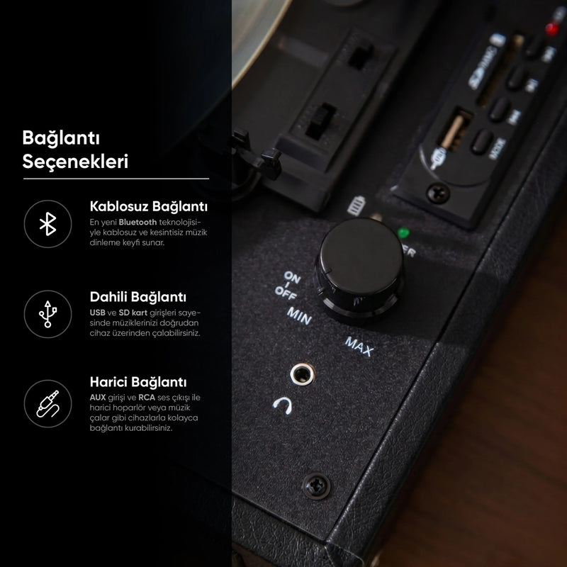 FR-P101 Zenitte Dahili Hoparlörlü Pikap Müzik Kutusu Usb+Rca+Bluetooth - Siyah