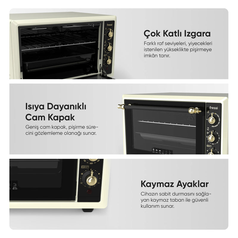 FR-MF01 Vintage Retro Turbo, Lambalı, Termostatlı, Saatli Midi Fırın