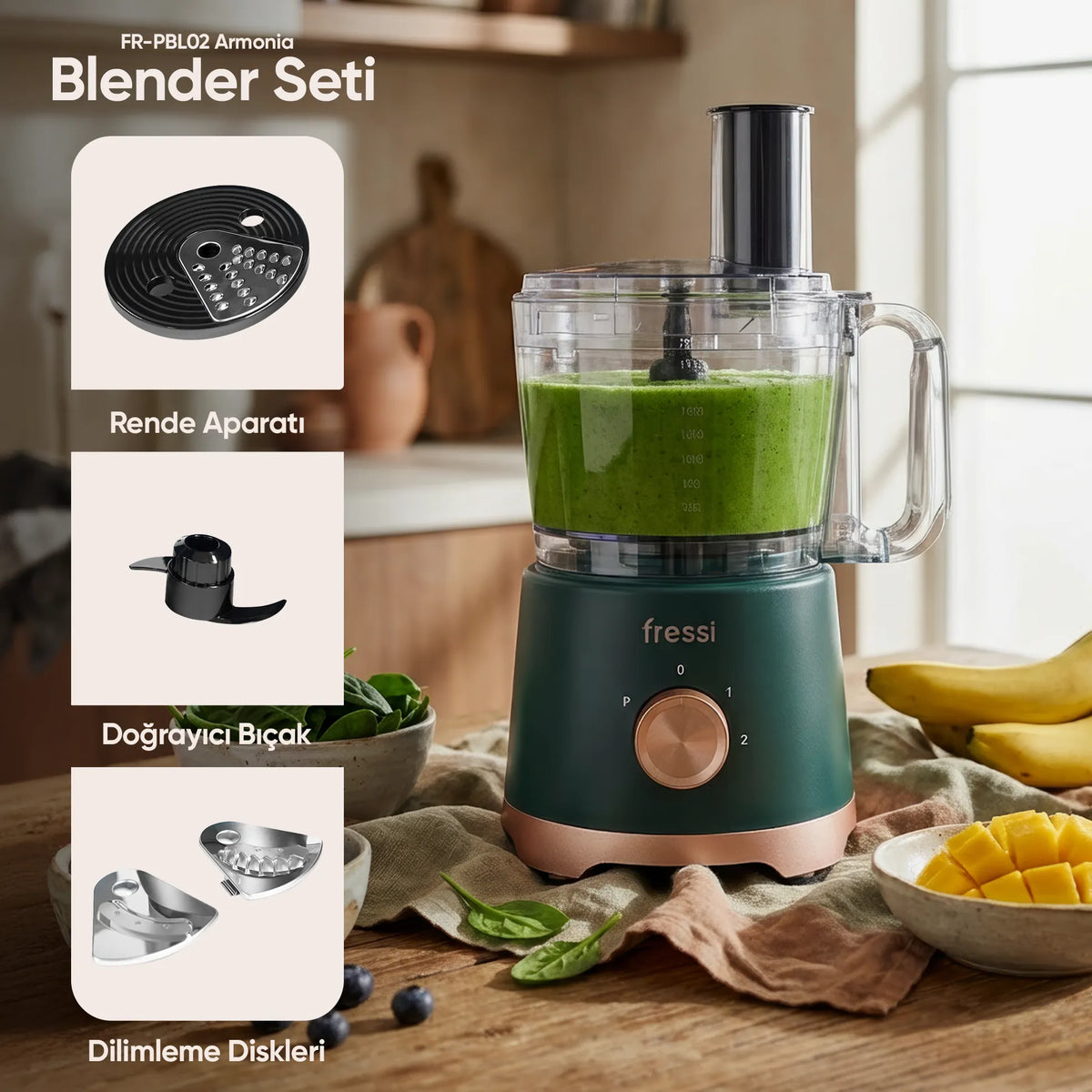 FR-PBL02 Armonia Power Blender Seti Mutfak Robotu Salata Doğrayıcı 2,5L 1200W - Yeşil