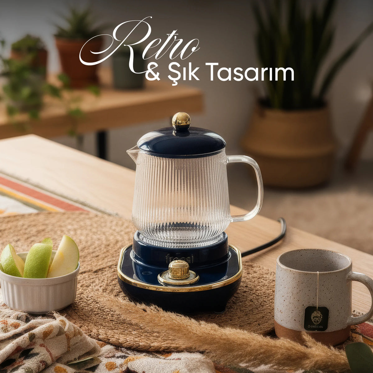 YSB-GC03 Venice 600ml Elektrikli Çok Fonksiyonlu Cam Su Isıtıcı Kettle Bitki Çayı Makinesi - Lacivert