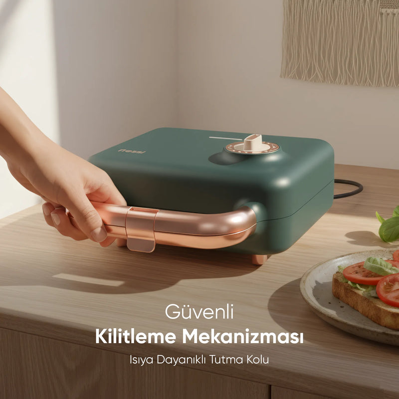 FR-TM51 Triochef Çıkarılabilir Yapışmaz Plakalı Ikili Waffle Ve Tost Makinesi - Yeşil