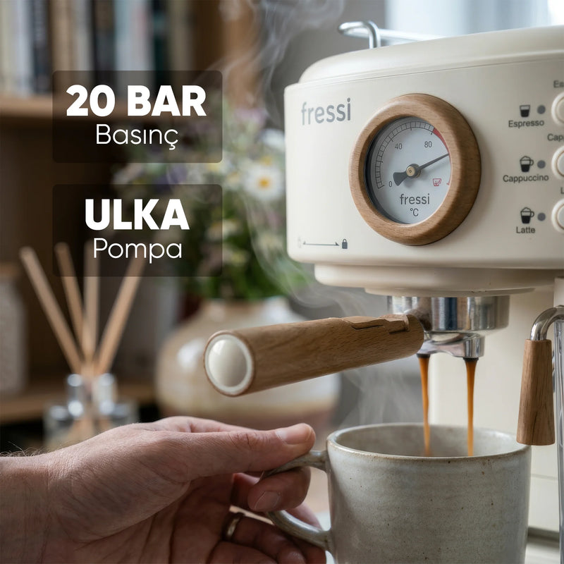 EM-411 Retro Mavera Ahşap Detaylı 20 Bar Krem Espresso Makinesi