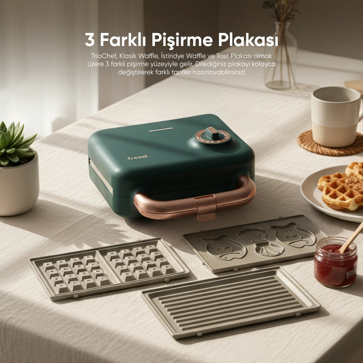 FR-TM51 Triochef Çıkarılabilir Yapışmaz Plakalı Ikili Waffle Ve Tost Makinesi - Yeşil