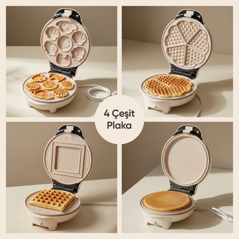 FR-TM59 Multibello  Tost Ve Waffle Makinesi Çıkarabilir Yapışmaz Plakalı 4 Ayrı Plaka - Krem