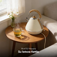 FR-KT07 Retro Mavera 1,7 Litre Ahşap Kulp Detaylı Kettle Su Isıtıcısı - Krem