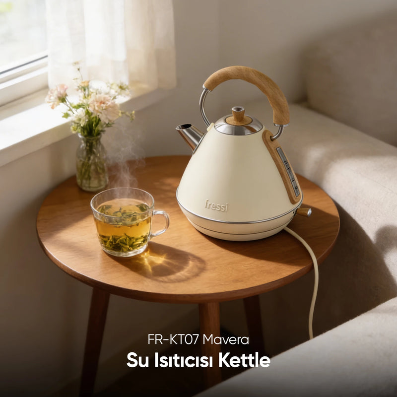 FR-KT07 Retro Mavera 1,7 Litre Ahşap Kulp Detaylı Kettle Su Isıtıcısı - Krem