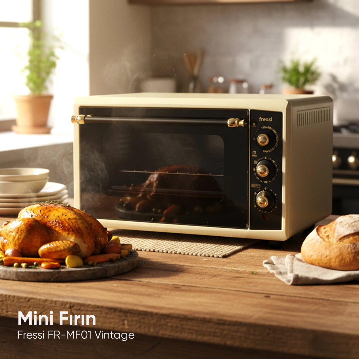FR-MF01 Vintage Retro Turbo, Lambalı, Termostatlı, Saatli Midi Fırın