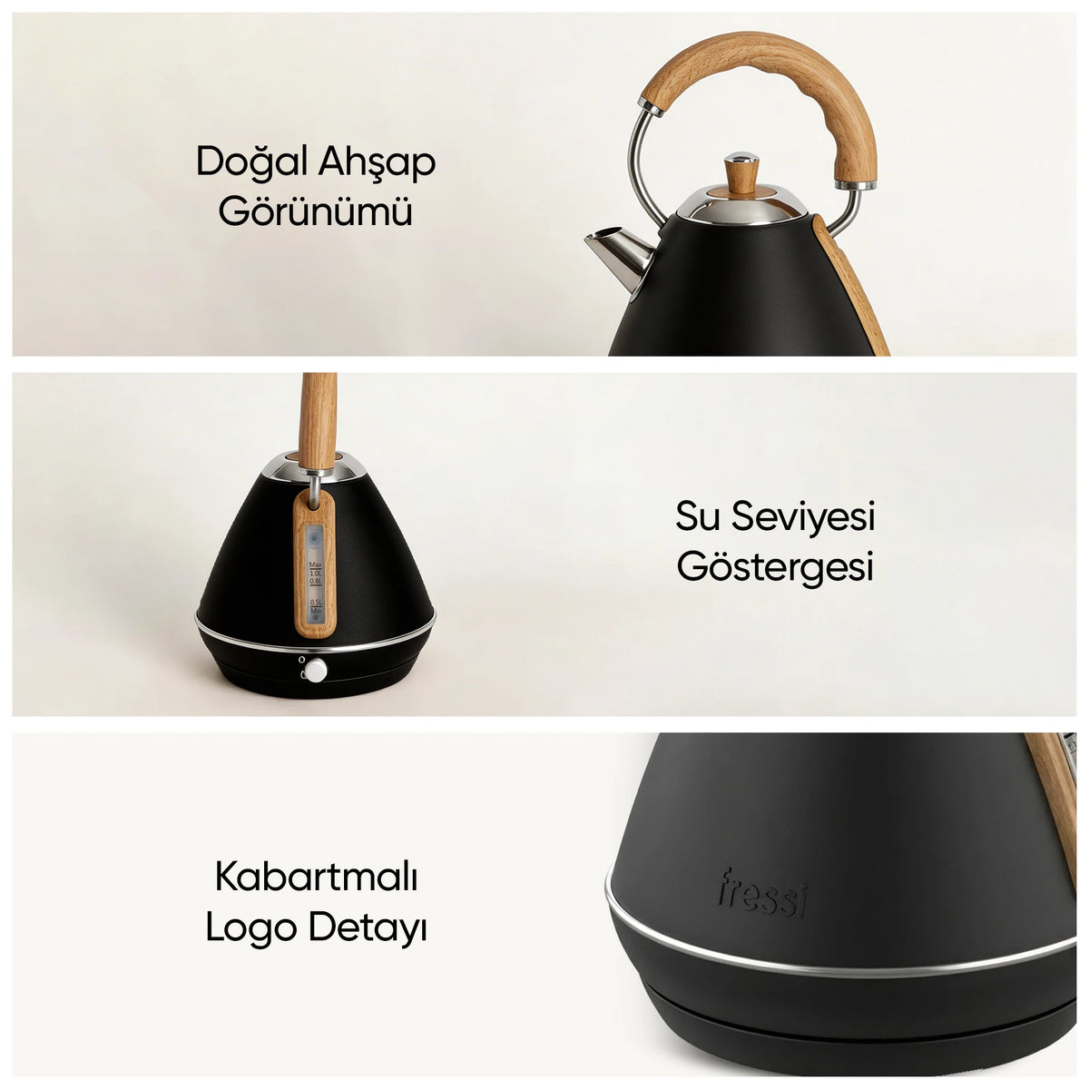 FR-KT07 Retro Mavera 1,7 Litre Ahşap Kulp Detaylı Kettle Su Isıtıcısı - Siyah