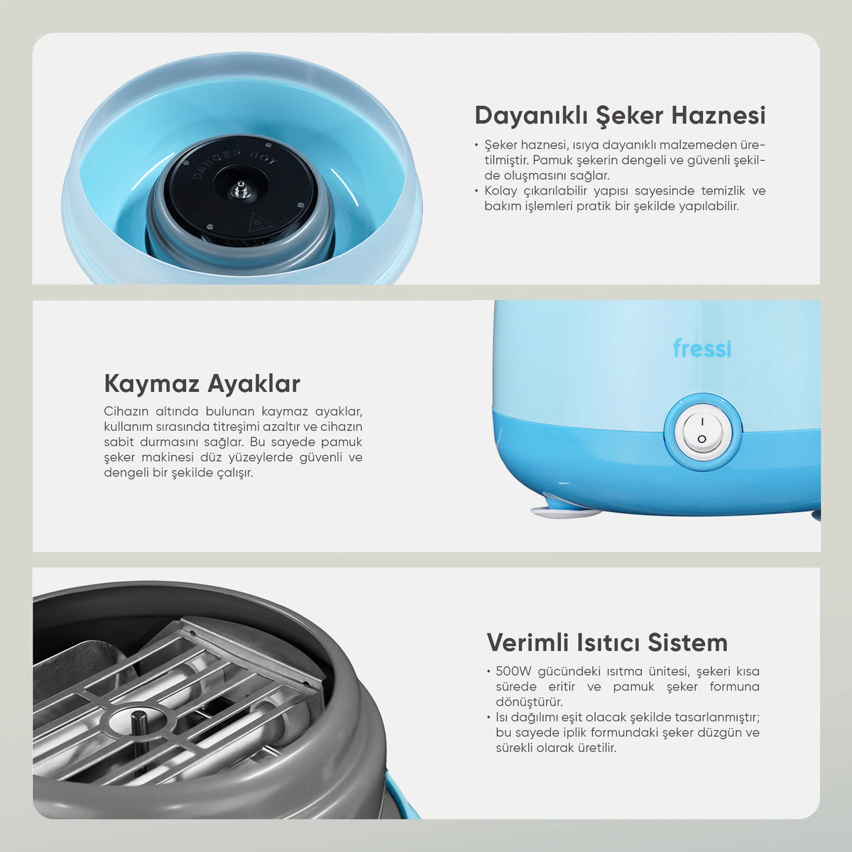 FR-PM01 CottoFun Çelik Hazneli 500W Pamuk Şeker Makinesi - Mavi
