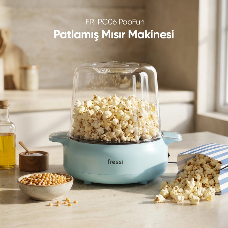FR-PC06 PopFun Mısır Patlatma Makinesi Otomatik Karıştırma Kapak&Kase 500W Mavi