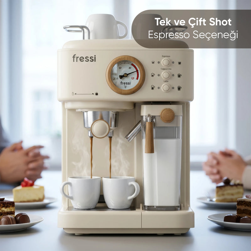 EM-411 Retro Mavera Ahşap Detaylı 20 Bar Krem Espresso Makinesi