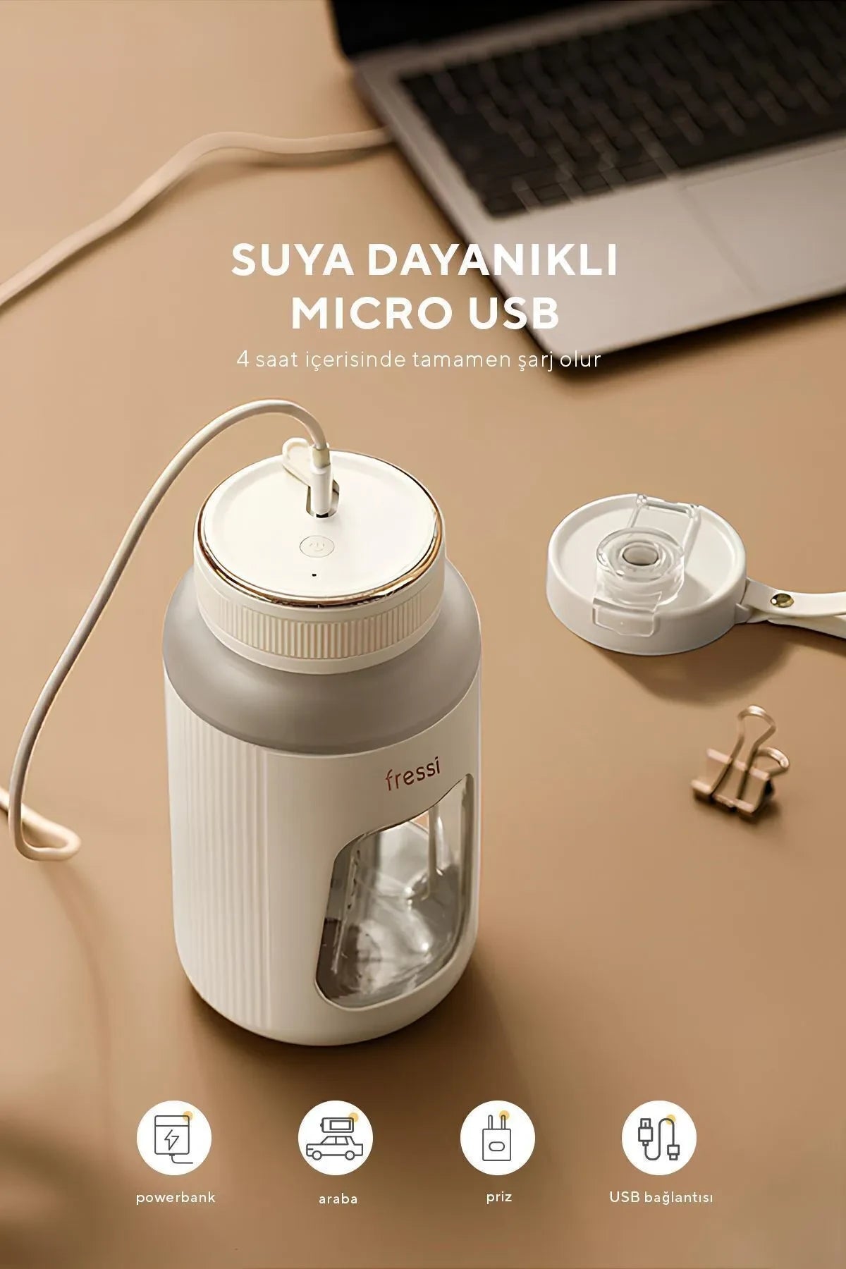 FR-BL07 Taşınabilir Şarjlı 80w 600ml Öğütücü Fonksiyonlu Beyaz Kişisel Smoothie Blender