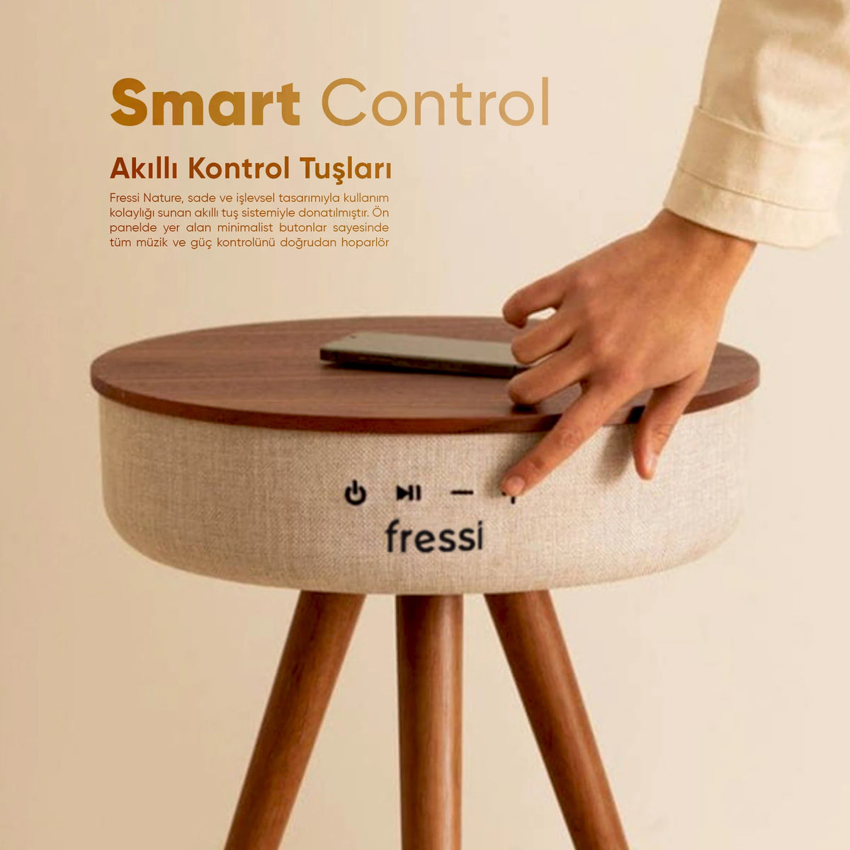 FR-SH2502 Nature Bluetooth Hoparlör Hızlı Şarj Destekli Ahşap Ayaklı Kablolu Sehpa Speaker