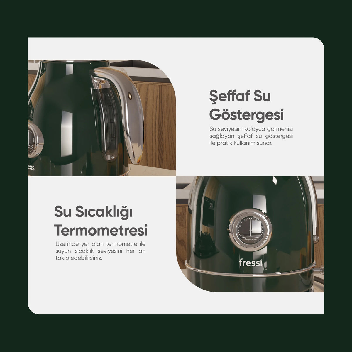 FR-KT05 Vintheat 1,7L Isı Göstergeli Kettle Su Isıtıcısı - Yeşil
