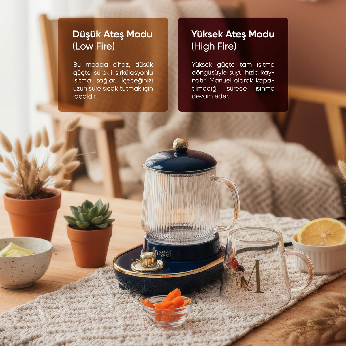 YSB-GC03 Venice 600ml Elektrikli Çok Fonksiyonlu Cam Su Isıtıcı Kettle Bitki Çayı Makinesi - Lacivert