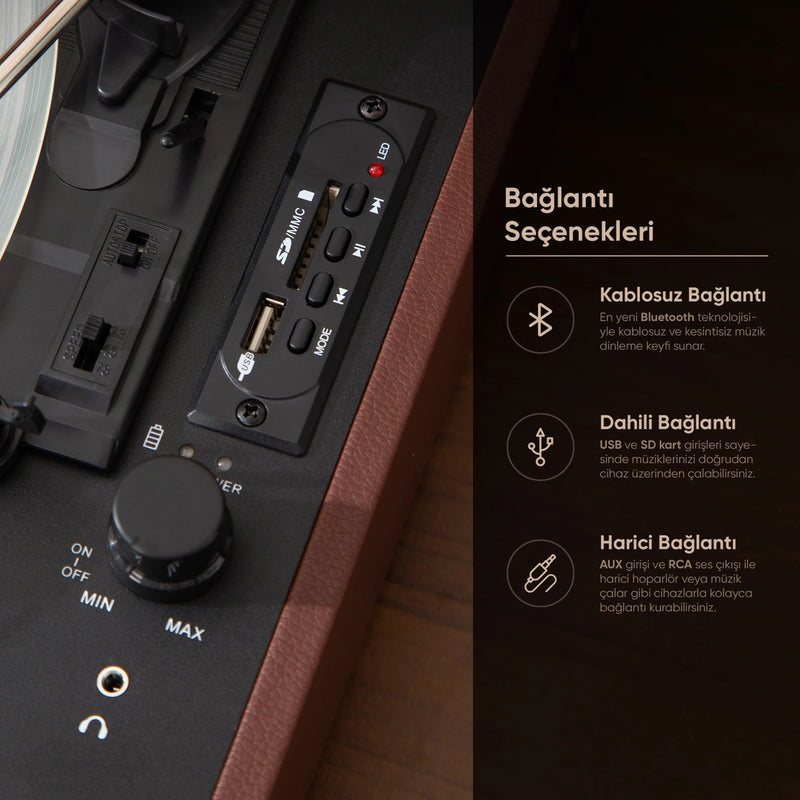 FR-P101 Zenitte Dahili Hoparlörlü Pikap Müzik Kutusu Usb+Rca+Bluetooth - Krem